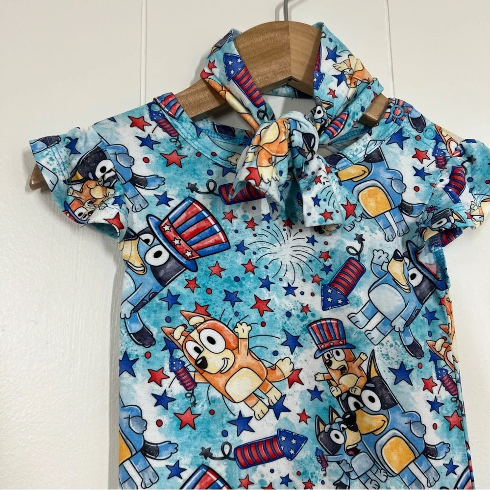 Charlie’s Project Kids Bluey Fireworks Fourth of July Bamboo Twirl Dress & Bow